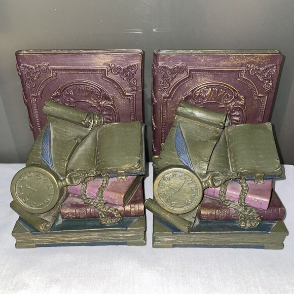 Vintage Bookends Alice In Wonderland Theme Pocket Watch Scrolls Heavy Book Ends - Picture 4 of 6